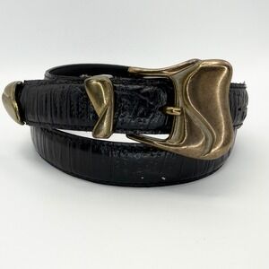 Milos Vintage Italy Black Croc Embossed Leather Art Deco Gold Buckle Belt Small
